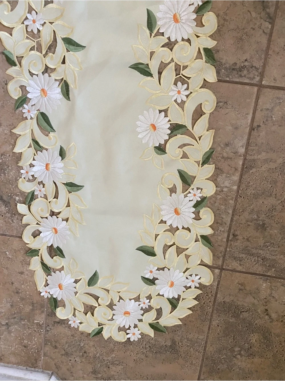 Yellow Embroidered Floral Cut Work Lace Center Cottagevore Table Runner 44x15